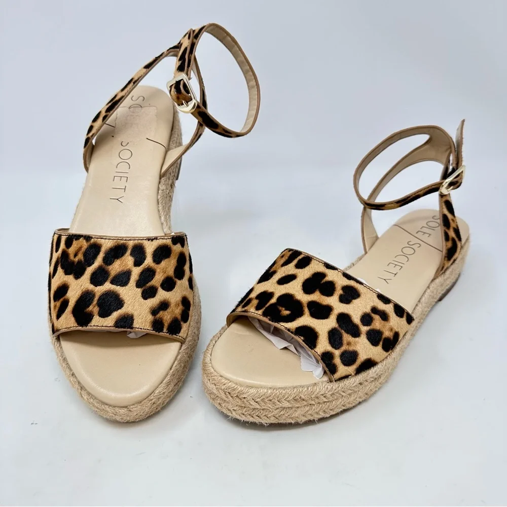 Sole Society Verla Cow Hair Leopard Espadrille Platform Sandals Size 9.5‎